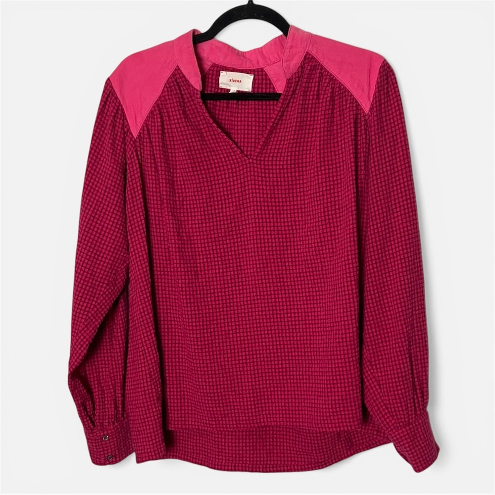 XiRENA plaid longsleeve blouse corduroy yoke hot pink XS‎